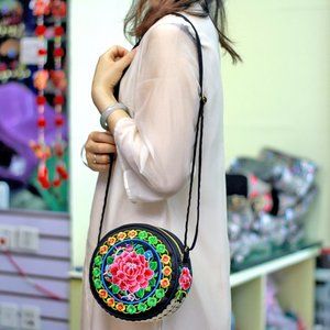 Embroidered Round Shoulder Bag Bright Multi Color Floral bag adjustable strap
